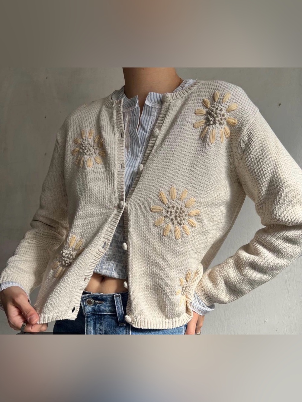Vintage Talbots Cream Knit Cardigan with Daisy Embroidery